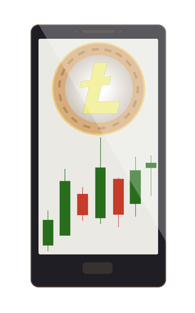 litecoin coin with candlestick chart on a phone screen, crypto currency with candlestick chart.のイラスト素材