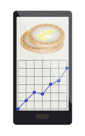 litecoin coins with growth graph on a phone screen,crypto currensy with diagram in the phone,  litecoin crypto currensy design.のイラスト素材