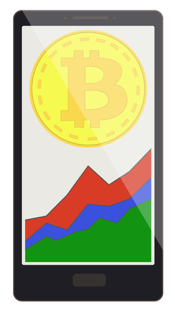 bitcoin coin with growth graph on a phone screen, cryptocurrency with diagram in the phone, bitcoin crypto currensy design.のイラスト素材