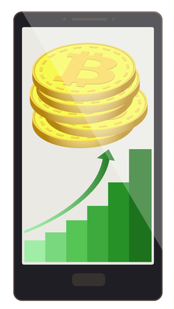 bitcoin coins with growth graph on a phone screen,crypto currensy with diagram in the phone, bitcoin crypto currensy design.のイラスト素材