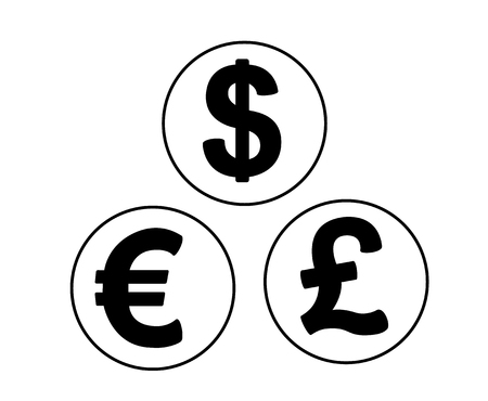 Set of currency symbols in the form black and white coins with sign: dollar, euro, British pound.のイラスト素材