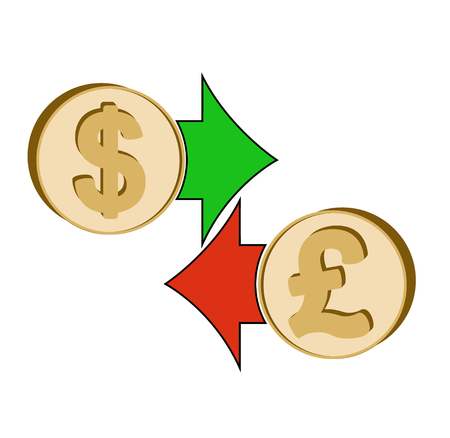 Exchange dollar to british pound , design concept , coins dollar and british pound with green and red arrow , icon and symbol currency design on a white backgroundのイラスト素材