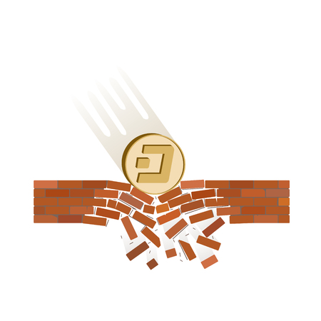coin of dash fall down on a white background , crypto currency breaks through the brick wall of support , vector image design conceptのイラスト素材