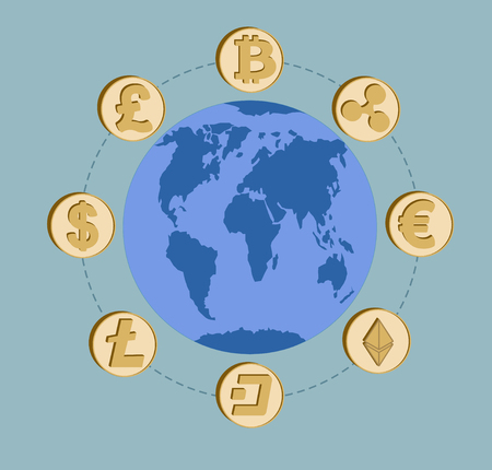 crypto currency and currency coins around the earth on a blue background , design concept sign and symbolのイラスト素材