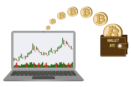 transfer bitcoin coins in the  wallet from laptop , buying and transfer of bitcoins to wallet on a white background , candlestick chart with diagram in the laptop screen  , crypto currency coins .のイラスト素材