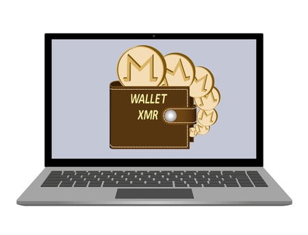 wallet with monero coins on a laptop screen on  white background , crypto currency coins in the wallet, color design conceptのイラスト素材