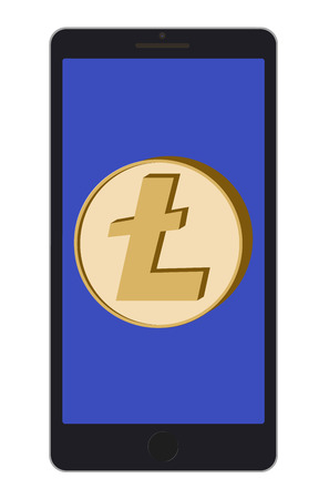 litecoin coin  on a  phone  screen on white background , cryptocurrency in the phone , symbol and sign of litecoin , design conceptのイラスト素材