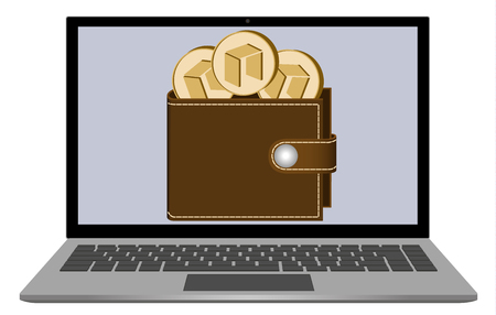 wallet with neo coins on a laptop screen on white background , cryptocurrency in the wallet , color design conceptのイラスト素材