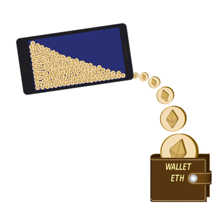 transfer ethereum coins from phone to wallet on a white background ,  crypto currency coins are poured from the phone in the wallet , design conceptのイラスト素材