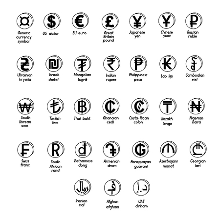 set of basic symbols of the world currency in the form of coins with signs and with a description , black and white coloredのイラスト素材