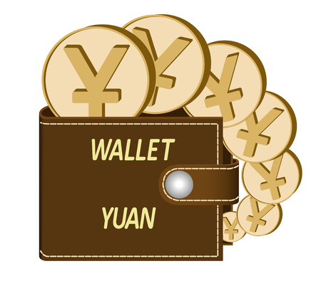 Brown wallet with Yuan coins on a white background, currency in the wallet, sign and symbol currency in the form of coins, design concept color, words Wallet Yuan on the face of the walletのイラスト素材