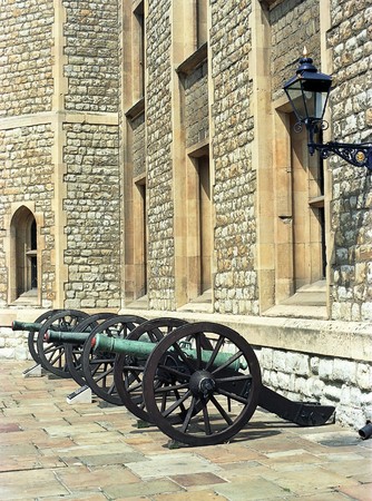 Old battle cannons in Tower castle in Londonの写真素材