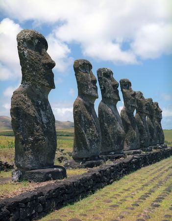 Moais of Ahu Akivi inland Ahu on the UNESCO World Heritage of Easter Island Chileの写真素材