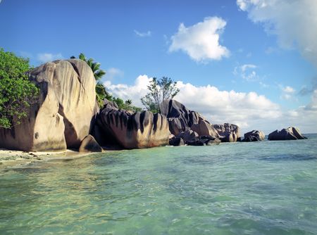 Panoramic view on old stones coastline Seychellesの写真素材