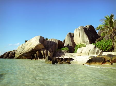 Panoramic view on old stones coastline Seychellesの写真素材