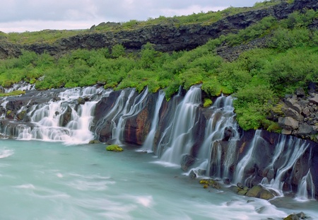 Panorama famous Hraunfossar waterfall Icelandの写真素材