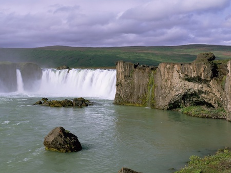Godafoss is a wide 12m tall waterfall River known for its role in Icelandic historyの写真素材