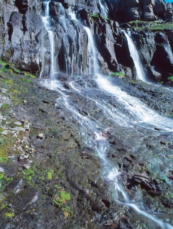 Mountain water stream in spring sunny dayの写真素材