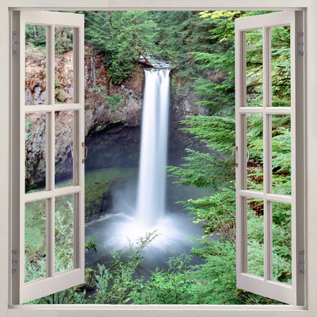 Open window view to Big Creek Falls in the Lewis River Gifford Pinchot National Forest Cascade Mountains Washington stateの写真素材