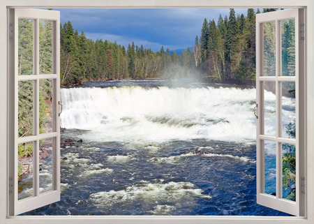 Open window view to Dawson Falls, Murtle River, Wells Gray Provincial Park, British Columbia, Canadaの写真素材