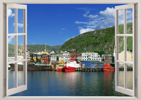 Open window view to Kikenes harbor, Norwayの写真素材