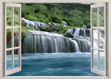 Open window view to Hraunfossar - Lava Fallsの写真素材