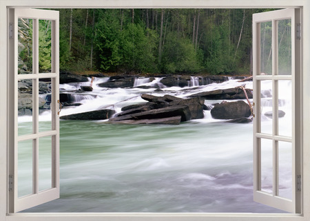 Open window view to river sstream with stonesの写真素材
