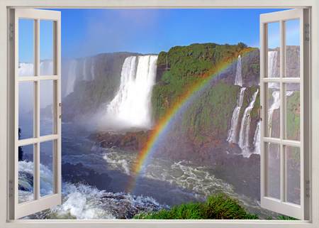 Open window panoramic view to Iguacu falls from brazilian sideの写真素材
