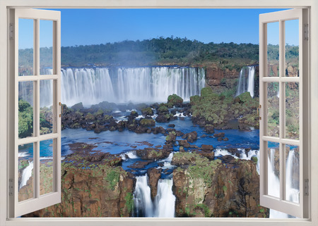 Open window panoramic view to Iguacu falls from brazilian sideの写真素材