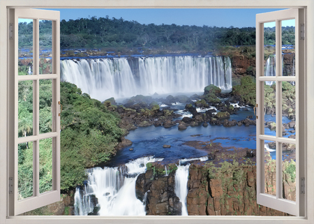 Panoramic view to Iguacu falls from brazilian sideの写真素材