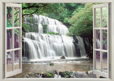 Open window view to famous Purakaunui Fallsの写真素材