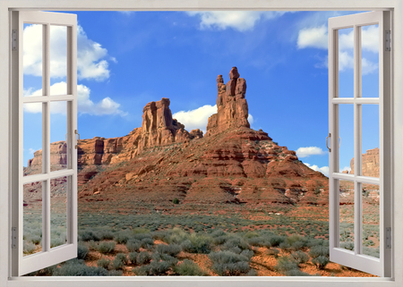 Open window view to famous desert with red rocks near Moab, Utahの写真素材