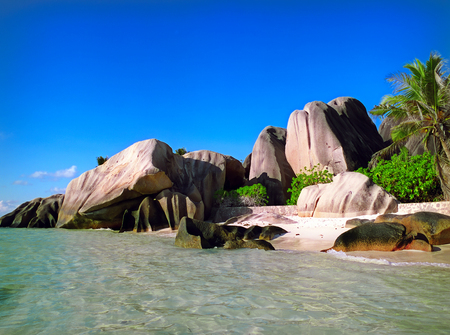Panoramic view on old stones coastline Seychellesの写真素材