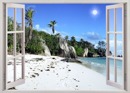 Open window view to  old stones coastline Seychellesの写真素材