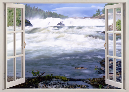 Open window view to famous Storfosen waterfall, Swedenの写真素材