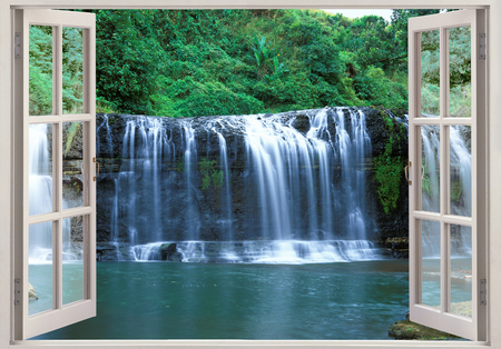 Open window view to Tolofofo falls paradise, Guam, Micronesiaの写真素材
