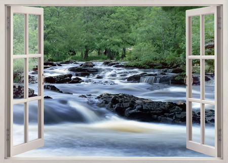 Open window view to wide water streamの写真素材