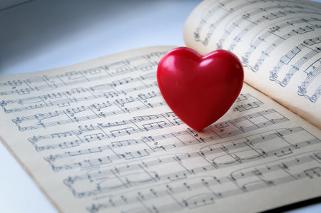 Red heart on a background of notes. The red heart is on the notes.の写真素材