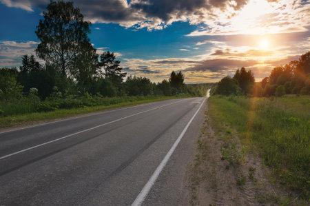 road to Lake Seliger extending distance to the horizonの写真素材