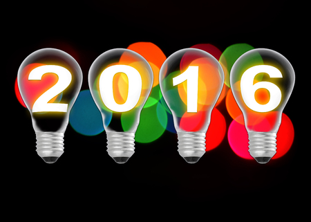 Text 2016 in lightbulb on bokeh background