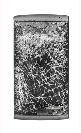 Black mobile broken  cracked smashed screen on white background