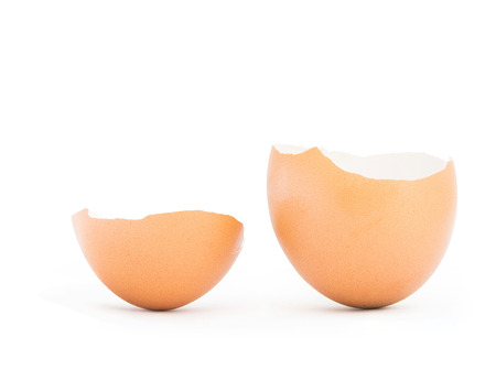 Brown egg cracked or broken on white backgroundの写真素材