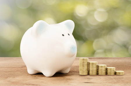 Piggy bank  and gold coin on wood floor with green bokeh background , saving banking ,family conceptの写真素材
