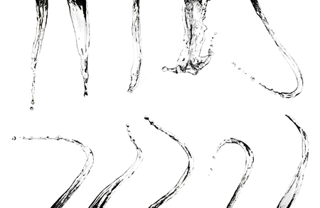 Water drop pouring splash on white backgroundの写真素材