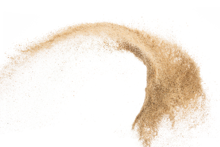 Sand flying explosion isolated on white background ,throwing freeze stop motion object designの写真素材
