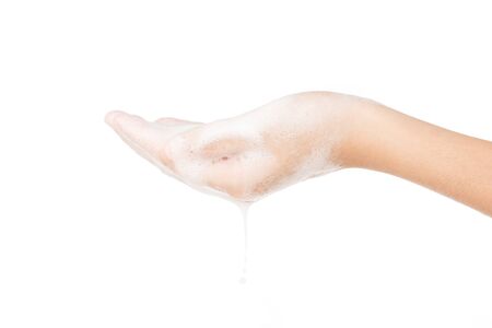Hand with soap foam shampoo isolated on white background clean kill coronavirus bacteria covid-19