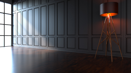 classic black wall and wooden floor and window ,background with black lamp ,sunset in room ,3D illustrationの写真素材