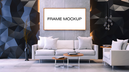 Modern loft interior with Mock up poster  ,living room,  White sofa with wood coffee table on...