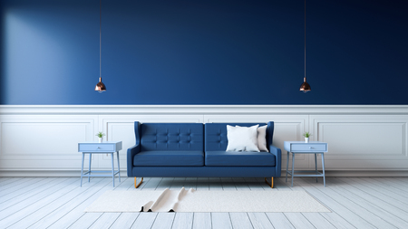 Modern interior of living room with armchairs on white flooring and dark blue wall .emptry room ,3d renderingの写真素材