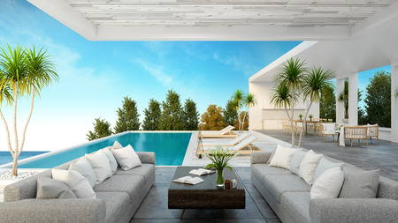 A Modern Beach House,  private swimming pool ,panoramic sky and sea view , 3d renderingの写真素材
